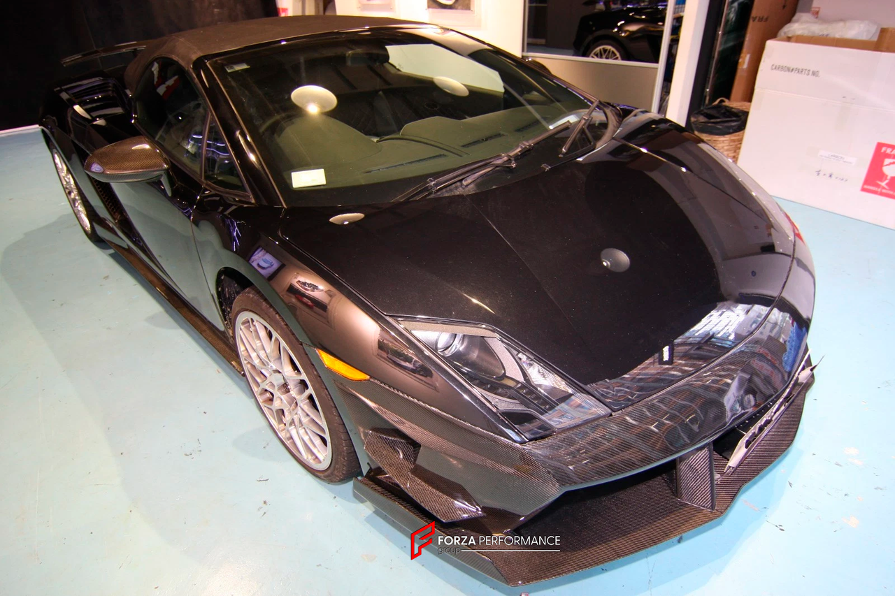 CONVERSION BODY KIT for LAMBORGHINI GALLARDO FACELIFT 2009 - 2014 UPGRADE to SUPERTROFEO

Set includes:

Front Bumper
Side Skirts
Engine Cover
Wing Spoiler

Material: Carbon

Note: Professional installation is required.