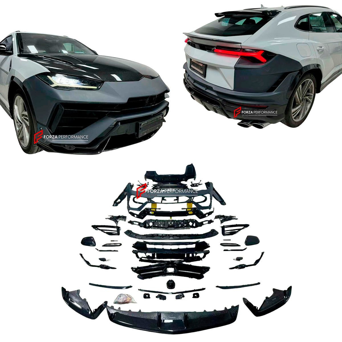 CONVERSION BODY KIT for LAMBORGHINI URUS 2018 - 2022 upgrade to PERFORMANTE

Set includes:

Front Lip
Front Bumper Assembly
Hood
Fender Flares
Side Mirror Covers
Side Skirts
Rear Trunk Spoiler
Roof Spoiler
Rear Bumper Asembly
Rear Diffuser
Interior Covers
Interior Trims

Material: Plastic + Carbon

Note: Professional installation is required.