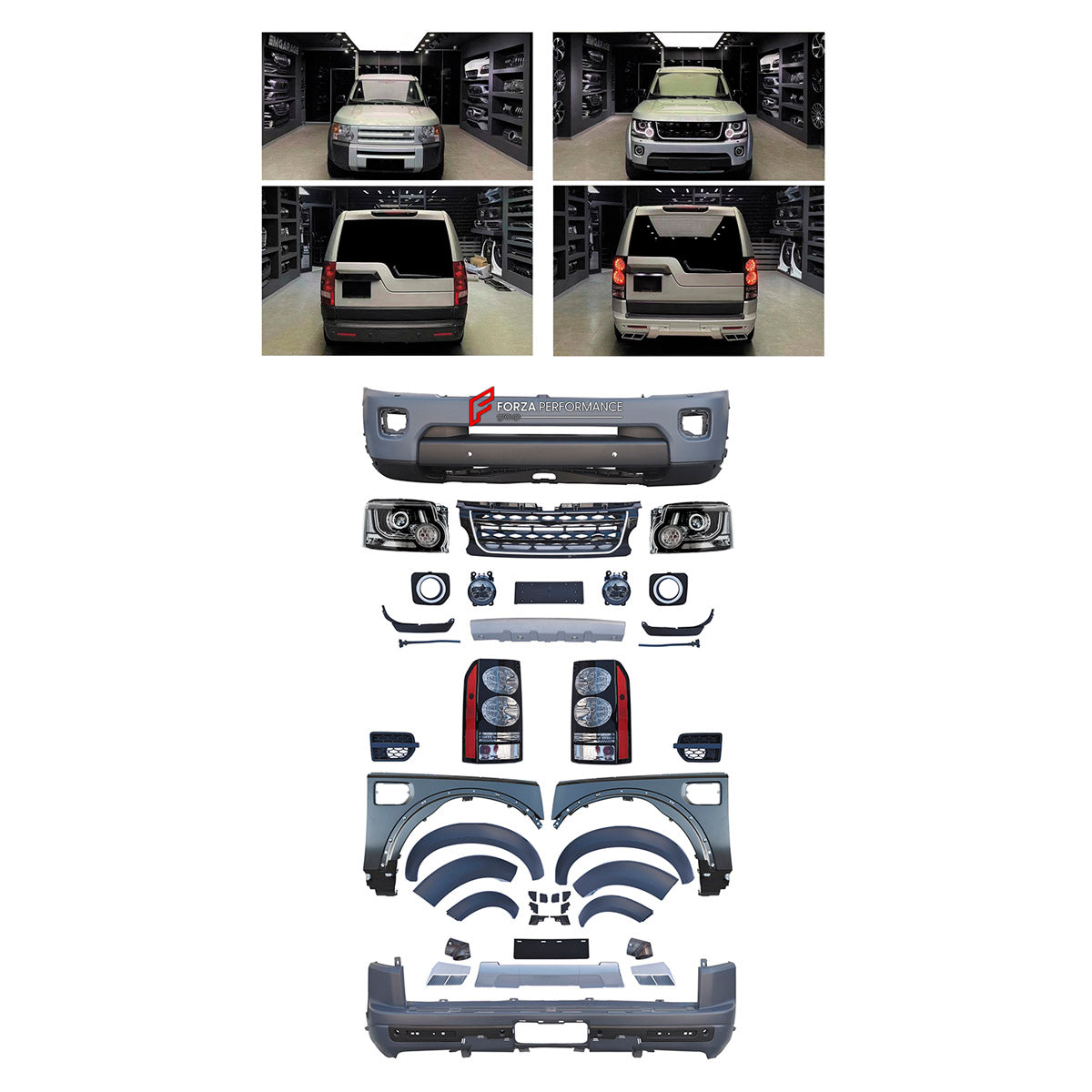 CONVERSION UPGRADE FACELIFT OLD TO NEW BODY KIT for Land Rover Discovery 3 2004 - 2009 to Discovery 4 2014+
Set includes:

Front Lip
Front Bumper Assembly
Front Grille
License Plate
Front Fenders
Rear Bumper Assembly
Rear Diffuser
Exhaust Tips
Material: Plastic

NOTE: Professional installation is required.