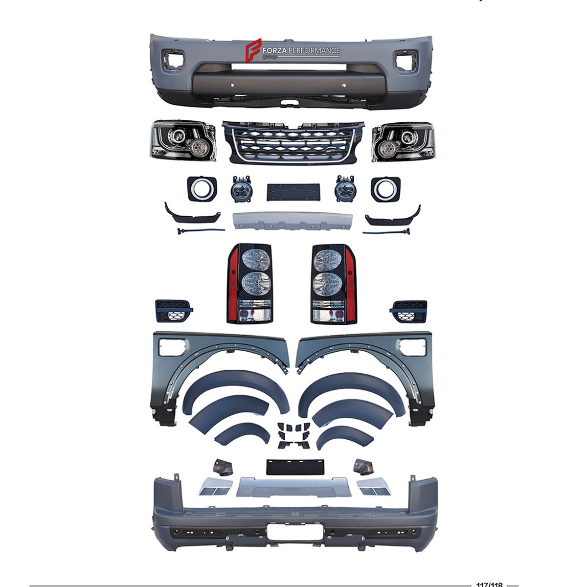 CONVERSION UPGRADE FACELIFT OLD TO NEW BODY KIT for Land Rover Discovery 3 2004 - 2009 to Discovery 4 2014+
Set includes:

Front Lip
Front Bumper Assembly
Front Grille
License Plate
Front Fenders
Rear Bumper Assembly
Rear Diffuser
Exhaust Tips
Material: Plastic

NOTE: Professional installation is required.