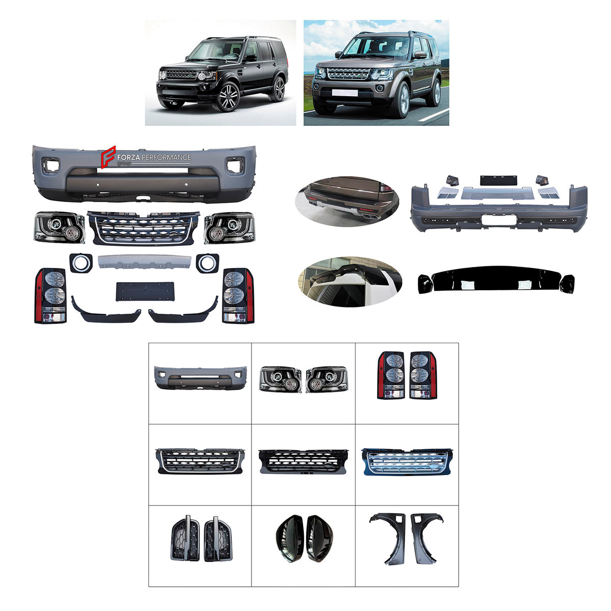 CONVERSION UPGRADE FACELIFT OLD TO NEW BODY KIT for Land Rover Discovery 4 2010 - 2013 to Discovery 4 2014+
Set includes:

Front Bumper Assembly
Front Headlights
Front Grille
License Plate
Side Mirror Covers
Fenders
Roof Spoiler
Tail Lights
Rear Bumper Assembly
Rear Diffuser
Material: Plastic

NOTE: Professional installation is required.