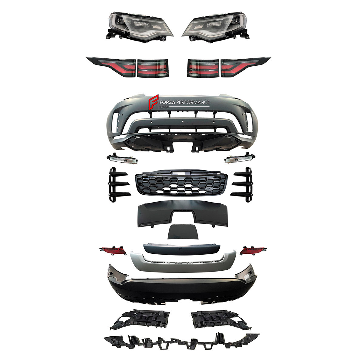 CONVERSION UPGRADE FACELIFT OLD TO NEW BODY KIT for Land Rover Discovery 5 2017 - 2020 to Discovery 5 2021+
Set includes:

Front Lip
Front Bumper Assembly
Front Headlights
Front Grille
Rear Bumper Assembly
Tail Lights
Rear Diffuser
Material: Plastic

NOTE: Professional installation is required.