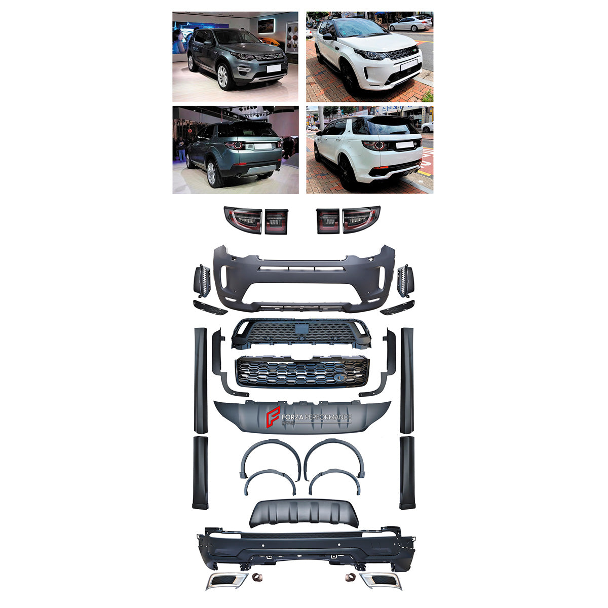 CONVERSION UPGRADE FACELIFT OLD TO NEW BODY KIT for Land Rover Discovery Sport 2013 - 2019 to Discovery Sport 2020+
Set includes:

Front Lip
Front Bumper Assembly
Front Grille
Side Skirts
Rear Bumper Assembly
Rear Diffuser
Exhaust Tips
Material: Plastic

NOTE: Professional installation is required.