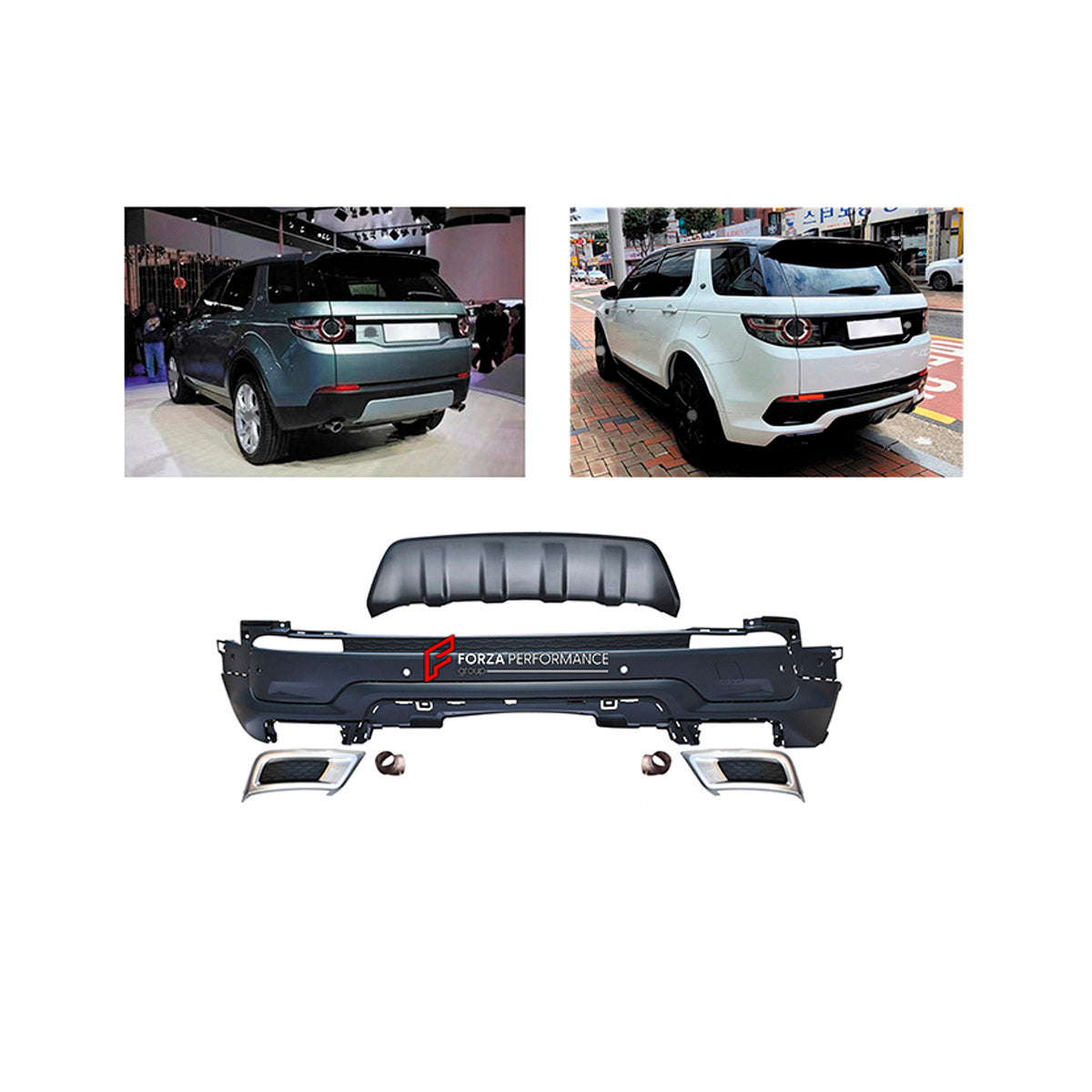 CONVERSION UPGRADE FACELIFT OLD TO NEW BODY KIT for Land Rover Discovery Sport 2016 - 2019 to Discovery Sport Dynamic 2020+
Set includes:

Rear Bumper Assembly
Rear Diffuser
Exhaust Tips
Material: Plastic

NOTE: Professional installation is required.