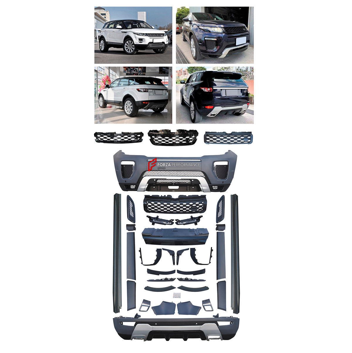 CONVERSION UPGRADE FACELIFT OLD TO NEW BODY KIT for Land Rover Range Rover Evoque 2010+ to Evoque Dynamic 2016+
Set includes:

Front Bumper Assembly
Front Grille
Side Skirts
Rear Bumper Assembly
Rear Diffuser
Material: Plastic

NOTE: Professional installation is required.