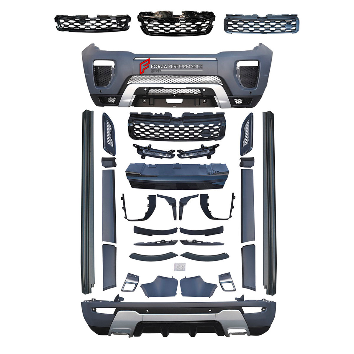 CONVERSION UPGRADE FACELIFT OLD TO NEW BODY KIT for Land Rover Range Rover Evoque 2010+ to Evoque Dynamic 2016+
Set includes:

Front Bumper Assembly
Front Grille
Side Skirts
Rear Bumper Assembly
Rear Diffuser
Material: Plastic

NOTE: Professional installation is required.