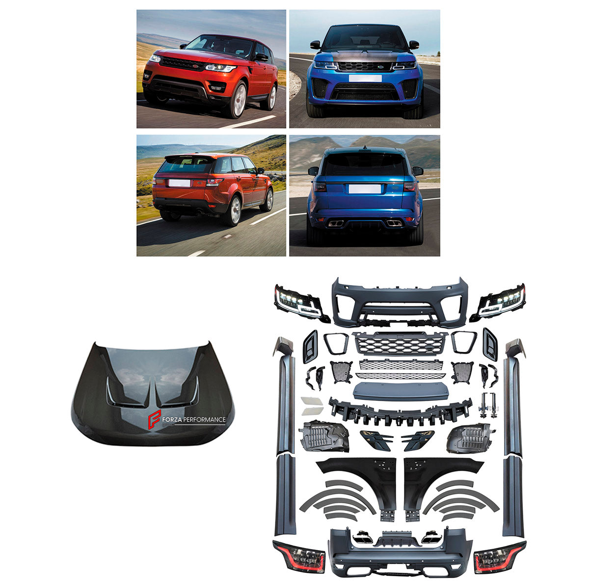 CONVERSION UPGRADE FACELIFT OLD TO NEW BODY KIT for Land Rover Range Rover Sport 2014 - 2017 to Sport SVR Facelift 2022+
Set includes:

Front Lip
Front Bumper Assembly
Front Grille
Fenders
Side Skirts
Rear Bumper Assembly
Rear Diffuser
Exhaust Tips
Material: Plastic

NOTE: Professional installation is required.