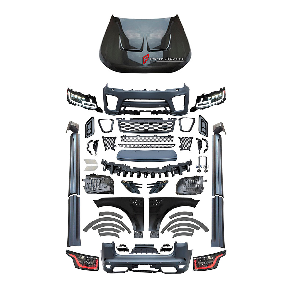 CONVERSION UPGRADE FACELIFT OLD TO NEW BODY KIT for Land Rover Range Rover Sport 2014 - 2017 to Sport SVR Facelift 2022+
Set includes:

Front Lip
Front Bumper Assembly
Front Grille
Fenders
Side Skirts
Rear Bumper Assembly
Rear Diffuser
Exhaust Tips
Material: Plastic

NOTE: Professional installation is required.