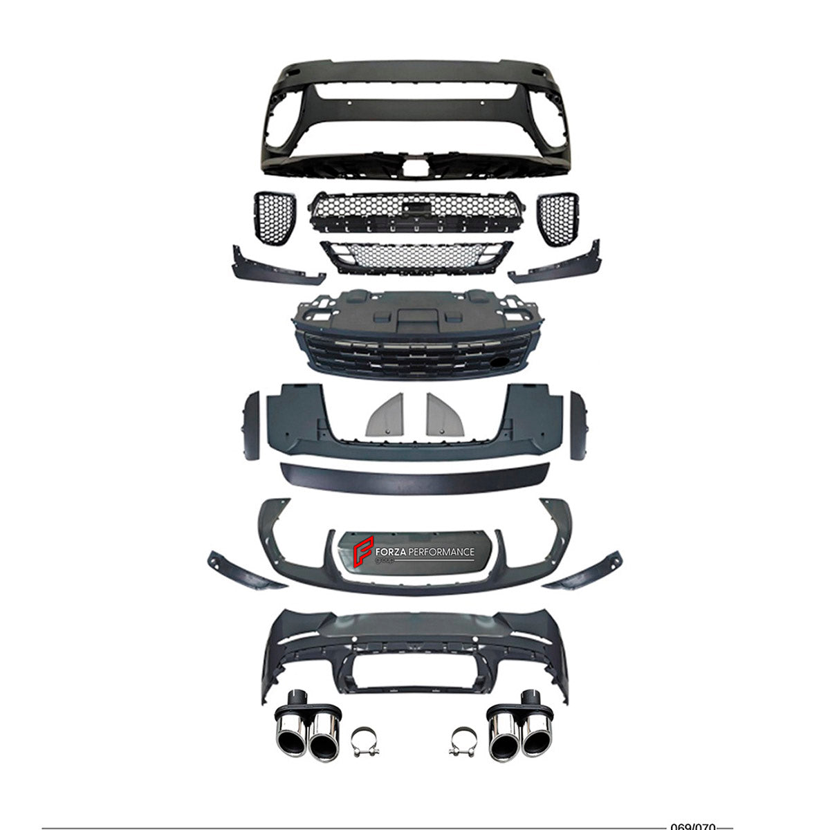 CONVERSION UPGRADE FACELIFT OLD TO NEW BODY KIT for Land Rover Range Rover Sport 2023+ to Sport SVR 2023+
Set includes:

Front Lip
Front Bumper Assembly
Front Grille
Rear Bumper Assembly
Exhaust Tips
Material: Plastic

NOTE: Professional installation is required.