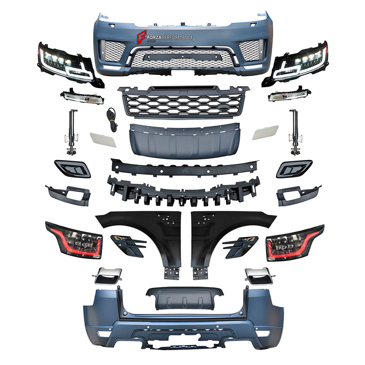 CONVERSION UPGRADE FACELIFT OLD TO NEW BODY KIT for Land Rover Range Rover Sport 2014 - 2017 to Sport Facelift 2022+
Set includes:

Front Lip
Front Bumper Assembly
Front Grille
Fenders
Side Skirts
Rear Bumper Assembly
Rear Diffuser
Exhaust Tips
Material: Plastic

NOTE: Professional installation is required.