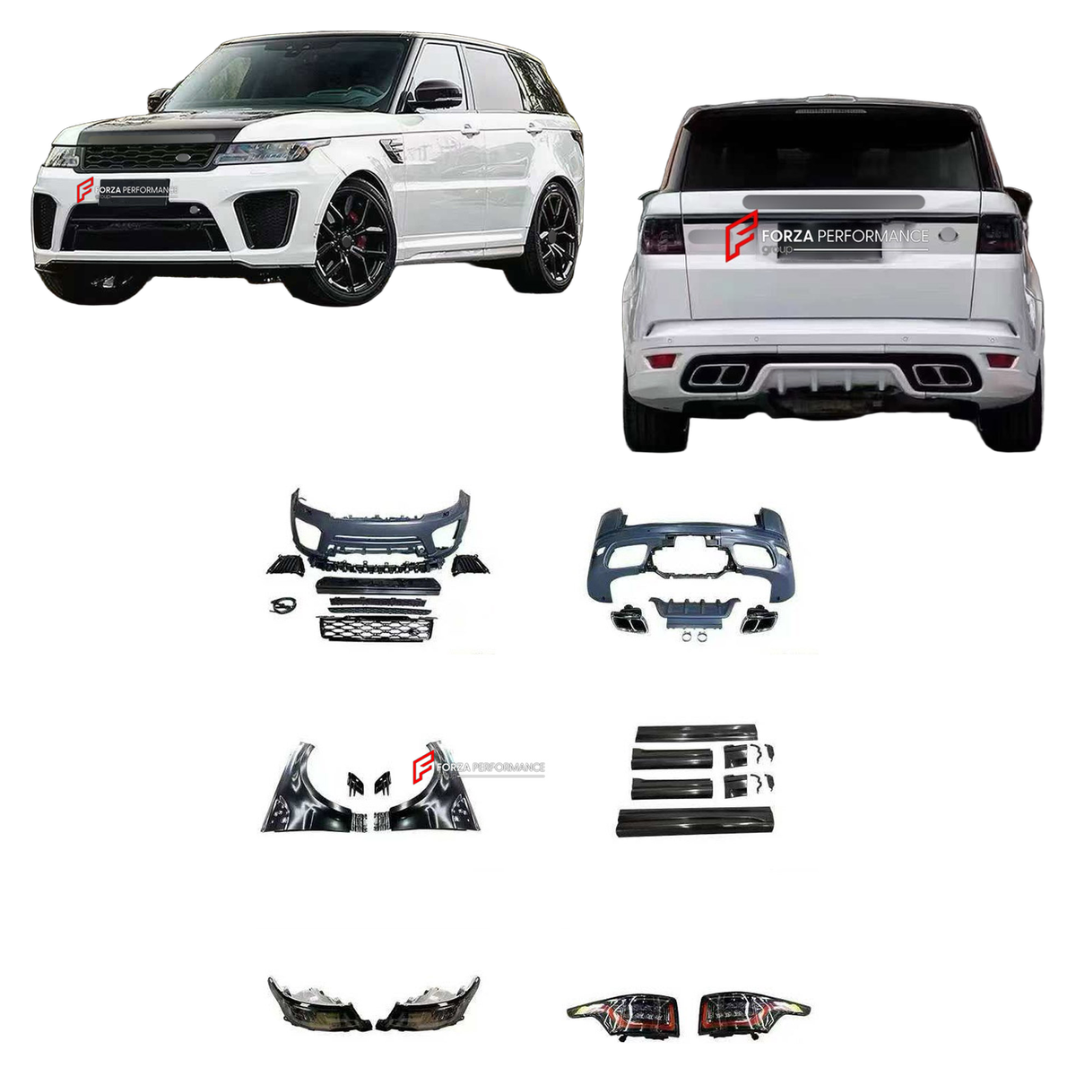 CONVERSION BODY KIT for LAND ROVER RANGE ROVER SPORT L494 2013 - 2018 UPGRADE to SVR L494 FACELIFT 2017 - 2022 FORZA PERFORMANCE custom fit SVR Style

Set includes:
Front Bumper Assembly
Front Grille
Headlights
Front Fenders
Side Skirts
Tail Lights
Rear Bumper Assembly
Exhaust Tips

Material: Plastic

NOTE: Professional installation is required.