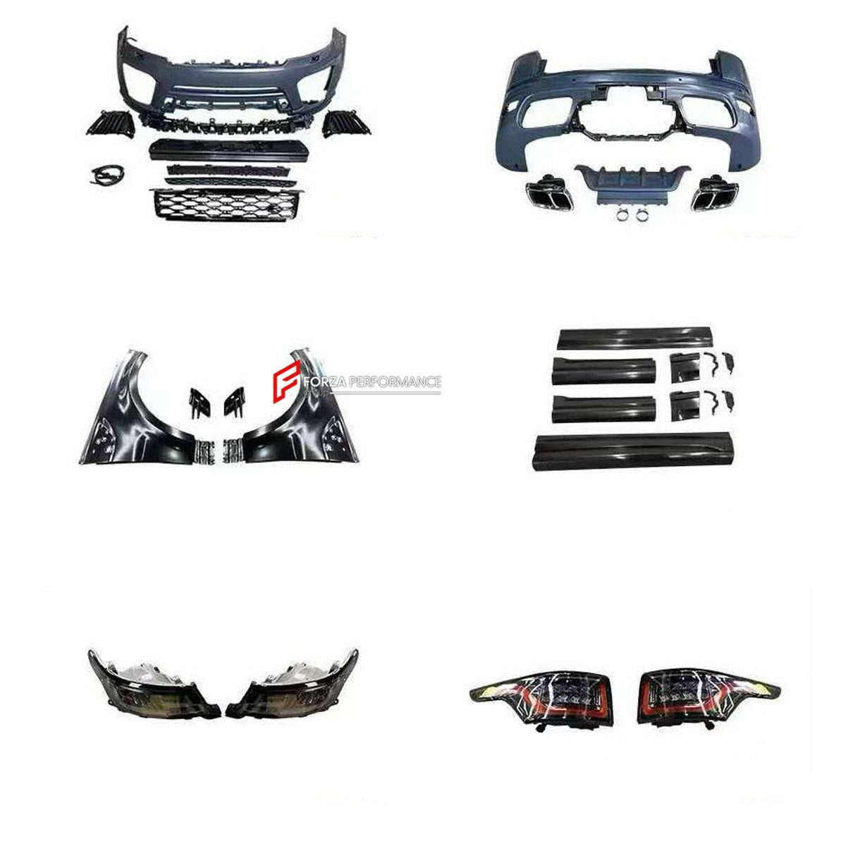 CONVERSION BODY KIT for LAND ROVER RANGE ROVER SPORT L494 2013 - 2018 UPGRADE to SVR L494 FACELIFT 2017 - 2022 FORZA PERFORMANCE custom fit SVR Style

Set includes:
Front Bumper Assembly
Front Grille
Headlights
Front Fenders
Side Skirts
Tail Lights
Rear Bumper Assembly
Exhaust Tips

Material: Plastic

NOTE: Professional installation is required.