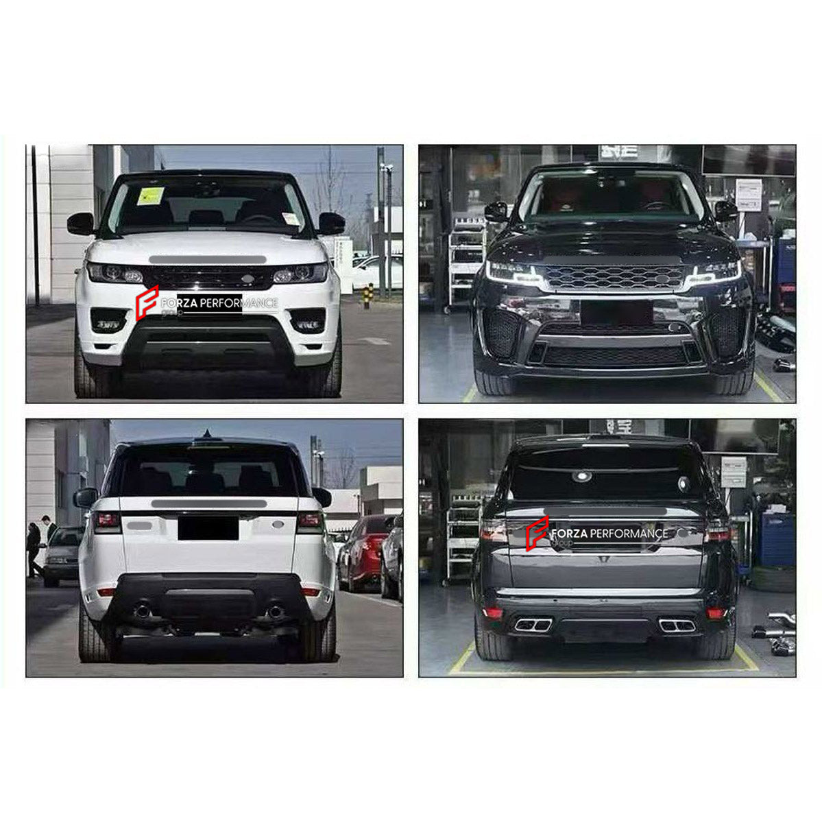 CONVERSION BODY KIT for LAND ROVER RANGE ROVER SPORT L494 2013 - 2018 UPGRADE to SVR L494 FACELIFT 2017 - 2022 FORZA PERFORMANCE custom fit SVR Style

Set includes:
Front Bumper Assembly
Front Grille
Headlights
Front Fenders
Side Skirts
Tail Lights
Rear Bumper Assembly
Exhaust Tips

Material: Plastic

NOTE: Professional installation is required.
