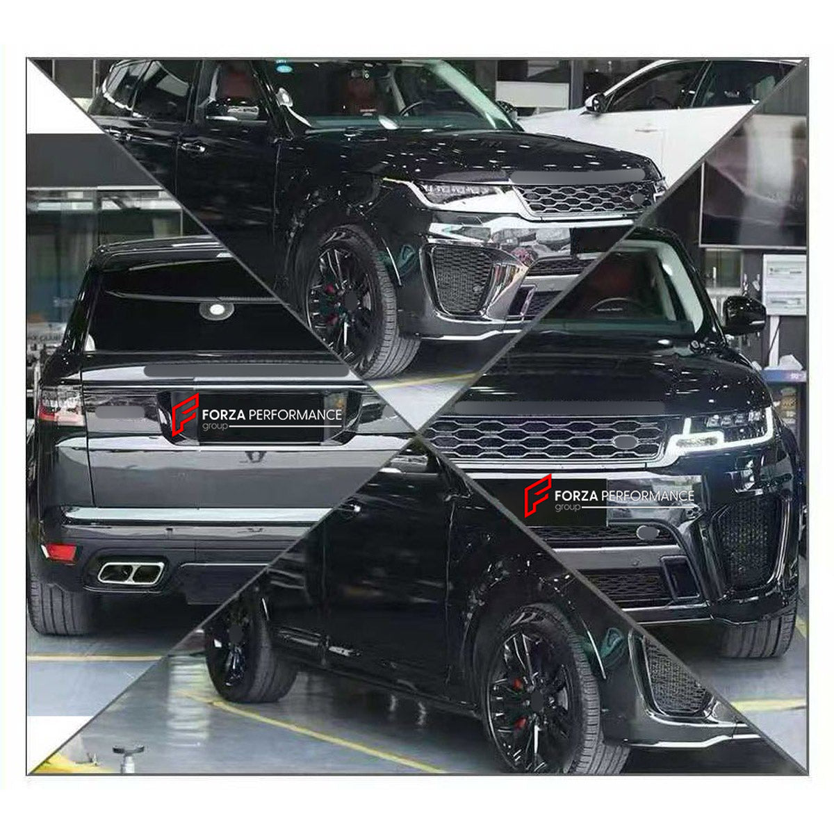 CONVERSION BODY KIT for LAND ROVER RANGE ROVER SPORT L494 2013 - 2018 UPGRADE to SVR L494 FACELIFT 2017 - 2022 FORZA PERFORMANCE custom fit SVR Style

Set includes:
Front Bumper Assembly
Front Grille
Headlights
Front Fenders
Side Skirts
Tail Lights
Rear Bumper Assembly
Exhaust Tips

Material: Plastic

NOTE: Professional installation is required.