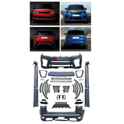 CONVERSION UPGRADE FACELIFT OLD TO NEW BODY KIT for Land Rover Range Rover Sport SVR 2018 - 2022 to Sport SVR 2020 - 2022
Set includes:

Front Lip
Front Bumper Assembly
Front Grille
Front Fender Flares
Side Skirts
Rear Fender Flares
Rear Bumper Assembly
Rear Diffuser
Exhaust Tips
Material: Plastic

NOTE: Professional installation is required.
