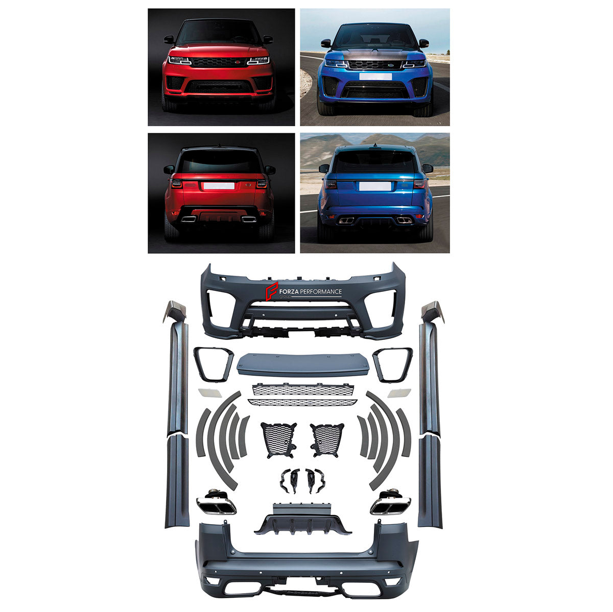 CONVERSION UPGRADE FACELIFT OLD TO NEW BODY KIT for Land Rover Range Rover Sport SVR 2018 - 2022 to Sport SVR 2020 - 2022
Set includes:

Front Lip
Front Bumper Assembly
Front Grille
Front Fender Flares
Side Skirts
Rear Fender Flares
Rear Bumper Assembly
Rear Diffuser
Exhaust Tips
Material: Plastic

NOTE: Professional installation is required.
