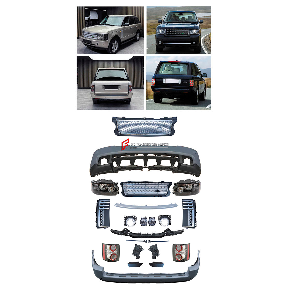 CONVERSION UPGRADE FACELIFT OLD TO NEW BODY KIT for Land Rover Range Rover Vogue 2005 - 2009 to Vogue 2010 - 2012
Set includes:

Front Lip
Front Bumper Assembly
Front Grille
Rear Bumper Assembly
Material: Plastic

NOTE: Professional installation is required.