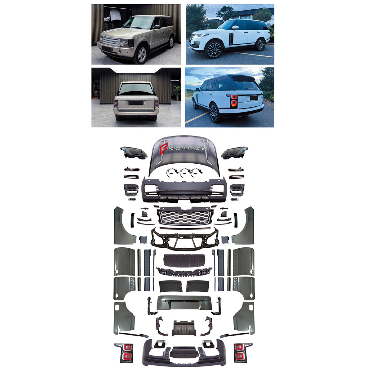 CONVERSION UPGRADE FACELIFT OLD TO NEW BODY KIT for Land Rover Range Rover Vogue 2005 - 2012 to Vogue 2022+
Set includes:

Front Lip
Front Bumper Assembly
Front Grille
Hood Bonnet
Front Fenders
Side Skirts
Door Panels
Rear Fenders
Rear Bumper Assembly
Rear Diffuser
Exhaust Tips
Material: Plastic

NOTE: Professional installation is required.
