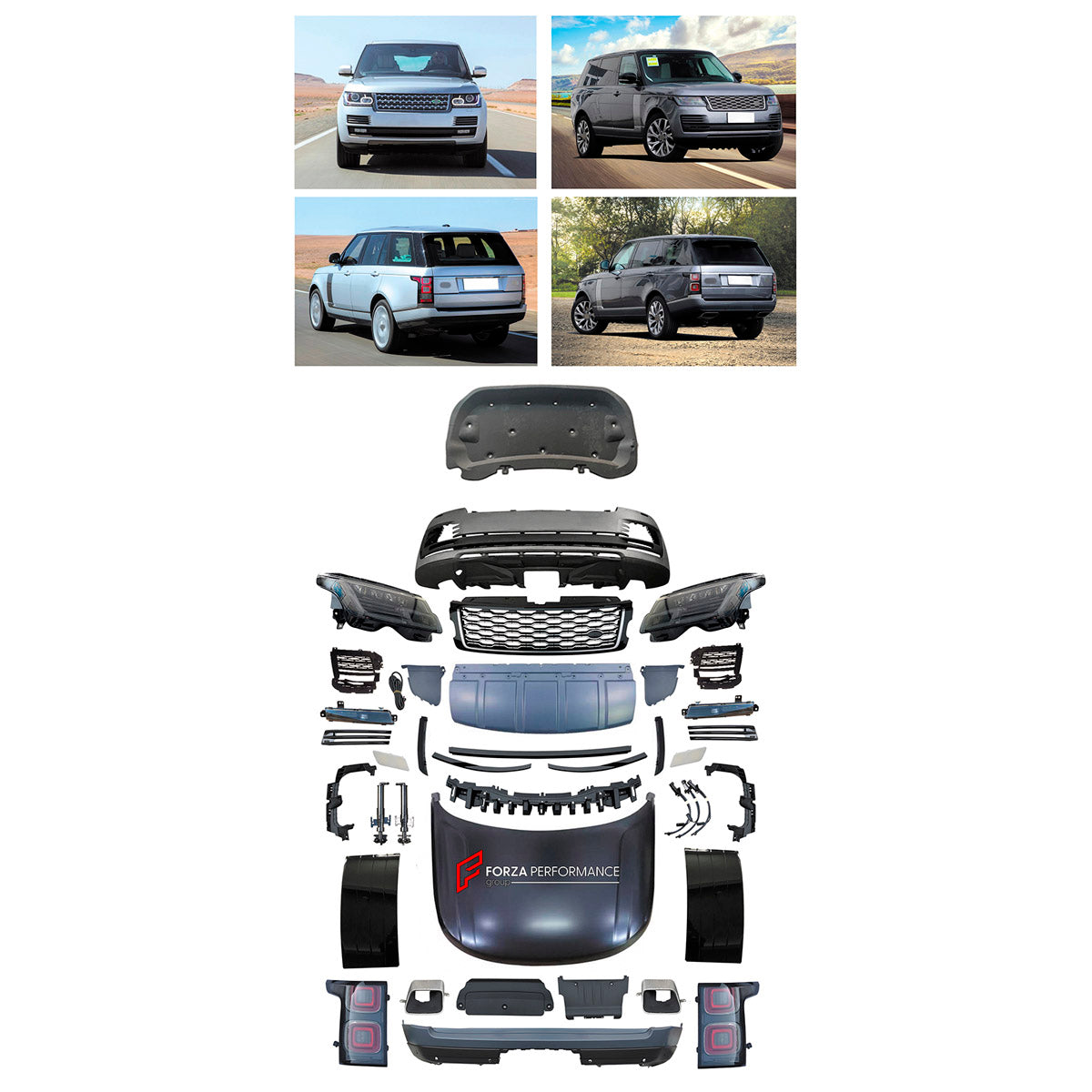CONVERSION UPGRADE FACELIFT OLD TO NEW BODY KIT for Land Rover Range Rover Vogue 2013 - 2017 to Vogue 2022+
Set includes:

Front Lip
Front Bumper Assembly
Front Grille
Hood Bonnet
Rear Bumper Assembly
Rear Diffuser
Exhaust Tips
Material: Plastic

NOTE: Professional installation is required.