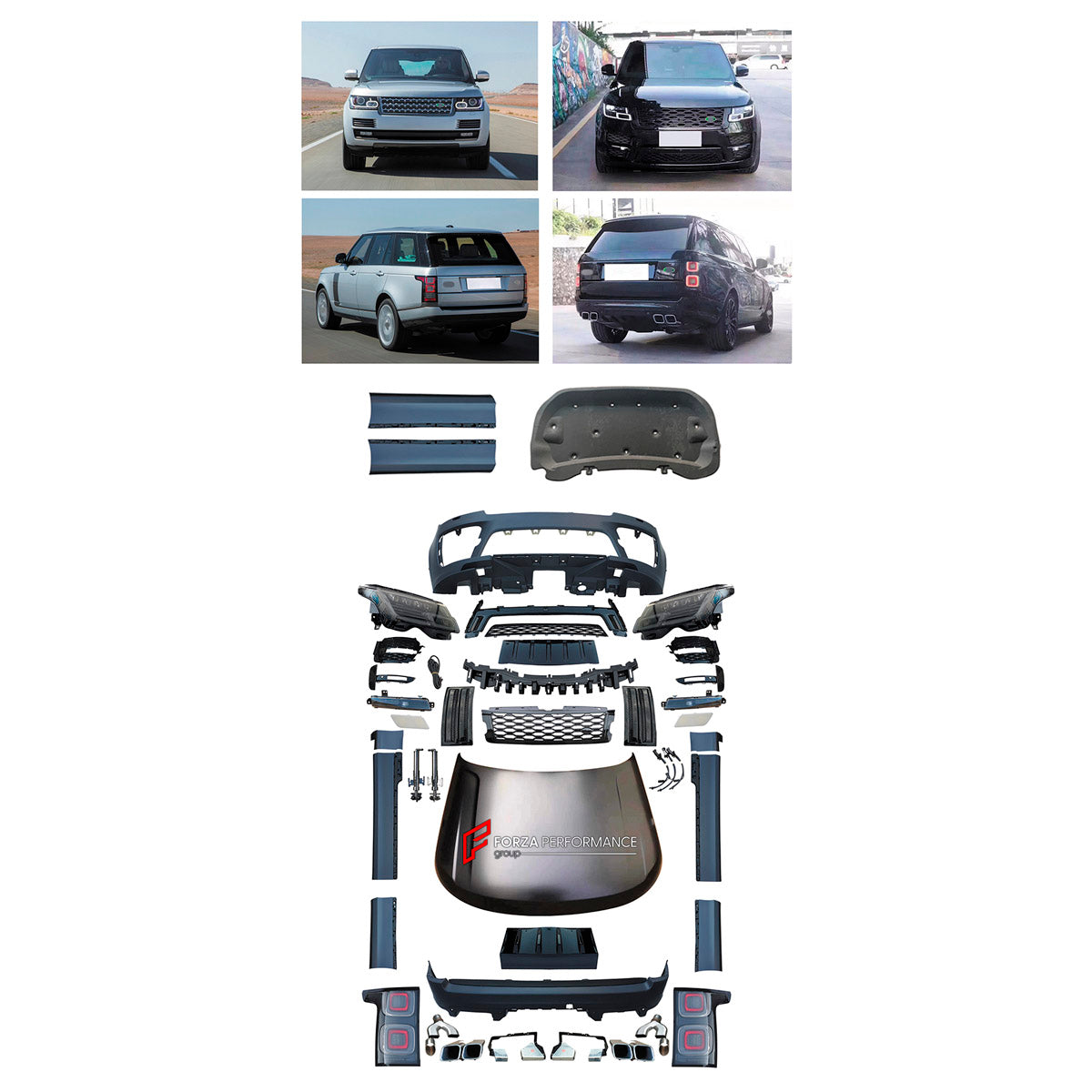 CONVERSION UPGRADE FACELIFT OLD TO NEW BODY KIT for Land Rover Range Rover Vogue 2013 - 2017 to Vogue 2022+
Set includes:

Front Bumper Assembly
Front Grille
Hood Bonnet
Side Skirts
Rear Bumper Assembly
Rear Diffuser
Exhaust Tips
Material: Plastic

NOTE: Professional installation is required.