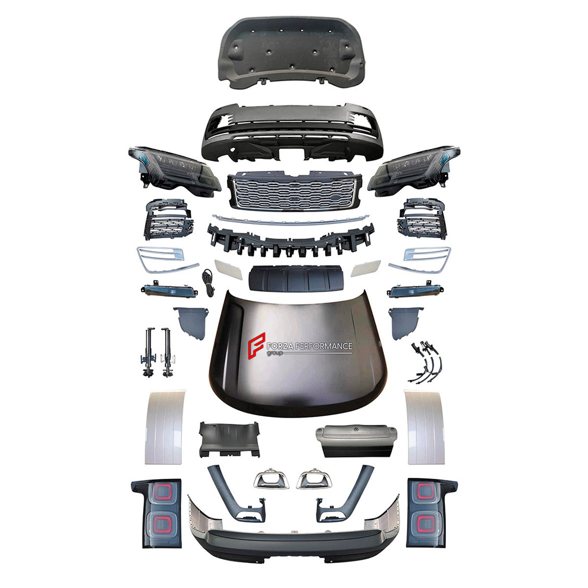 CONVERSION UPGRADE FACELIFT OLD TO NEW BODY KIT for Land Rover Range Rover Vogue 2013 - 2017 to Vogue 2022+
Set includes:

Front Lip
Front Bumper Assembly
Front Grille
Hood Bonnet
Trunk Lid
Rear Bumper Assembly
Rear Diffuser
Exhaust Tips
Material: Plastic

NOTE: Professional installation is required.