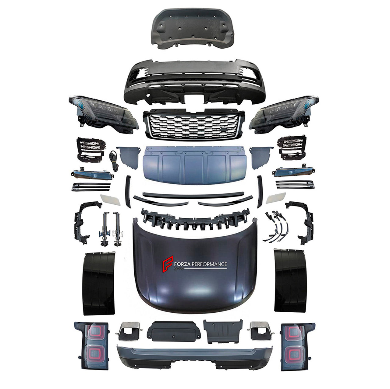 CONVERSION UPGRADE FACELIFT OLD TO NEW BODY KIT for Land Rover Range Rover Vogue 2013 - 2017 to Vogue 2022+
Set includes:

Front Lip
Front Bumper Assembly
Front Grille
Hood Bonnet
Rear Bumper Assembly
Rear Diffuser
Exhaust Tips
Material: Plastic

NOTE: Professional installation is required.