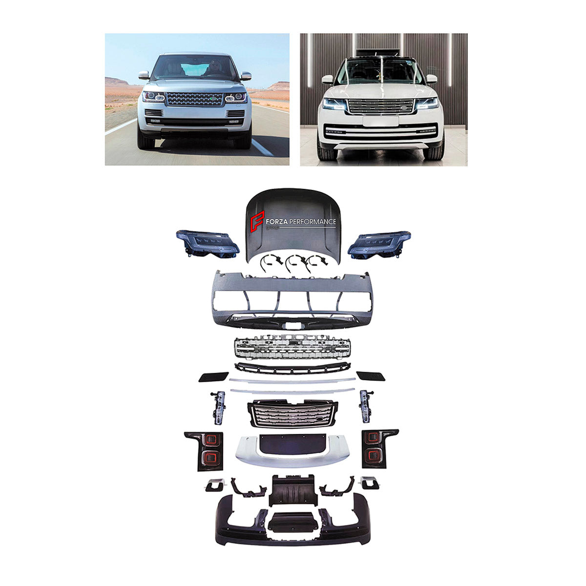 CONVERSION UPGRADE FACELIFT OLD TO NEW BODY KIT for Land Rover Range Rover Vogue 2013 - 2017 to Vogue 2023+
Set includes:

Front Lip
Front Bumper Assembly
Front Grille
Hood Bonnet
Rear Bumper Assembly
Rear Diffuser
Exhaust Tips
Material: Plastic

NOTE: Professional installation is required.
