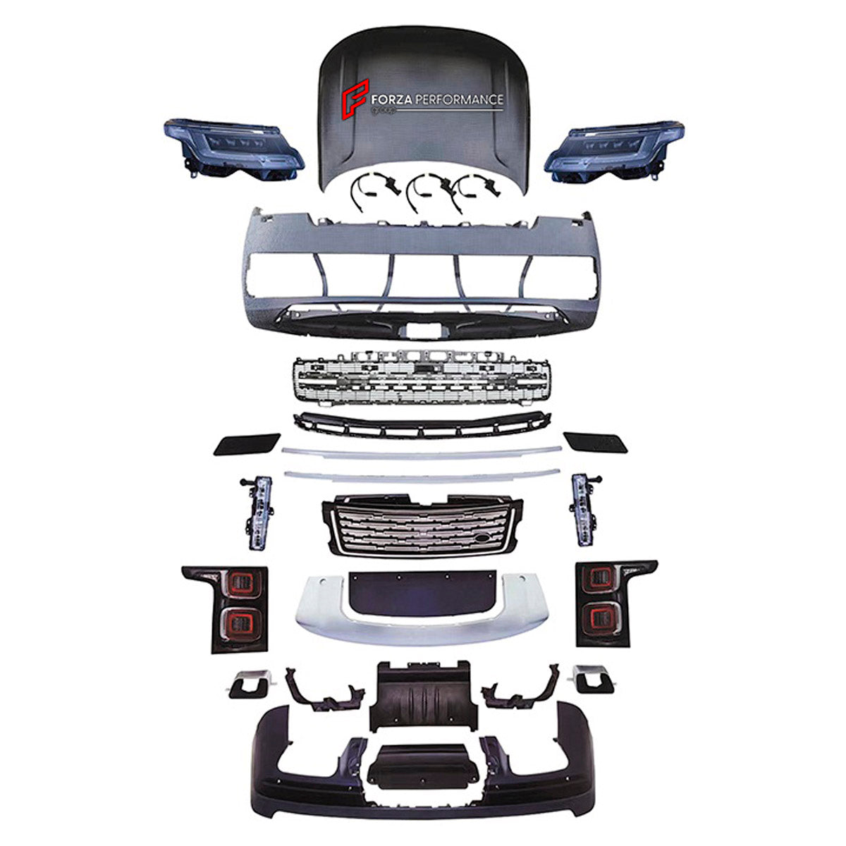 CONVERSION UPGRADE FACELIFT OLD TO NEW BODY KIT for Land Rover Range Rover Vogue 2013 - 2017 to Vogue 2023+
Set includes:

Front Lip
Front Bumper Assembly
Front Grille
Hood Bonnet
Rear Bumper Assembly
Rear Diffuser
Exhaust Tips
Material: Plastic

NOTE: Professional installation is required.