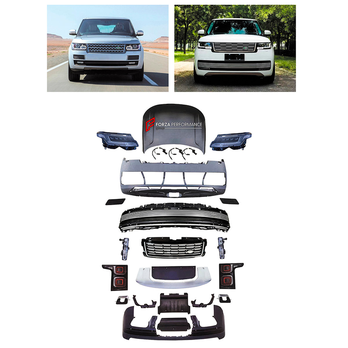 CONVERSION UPGRADE FACELIFT OLD TO NEW BODY KIT for Land Rover Range Rover Vogue 2013 - 2017 to Vogue 2023+
Set includes:

Front Bumper Assembly
Front Grille
Hood Bonnet
Rear Bumper Assembly
Rear Diffuser
Exhaust Tips
Material: Plastic

NOTE: Professional installation is required.