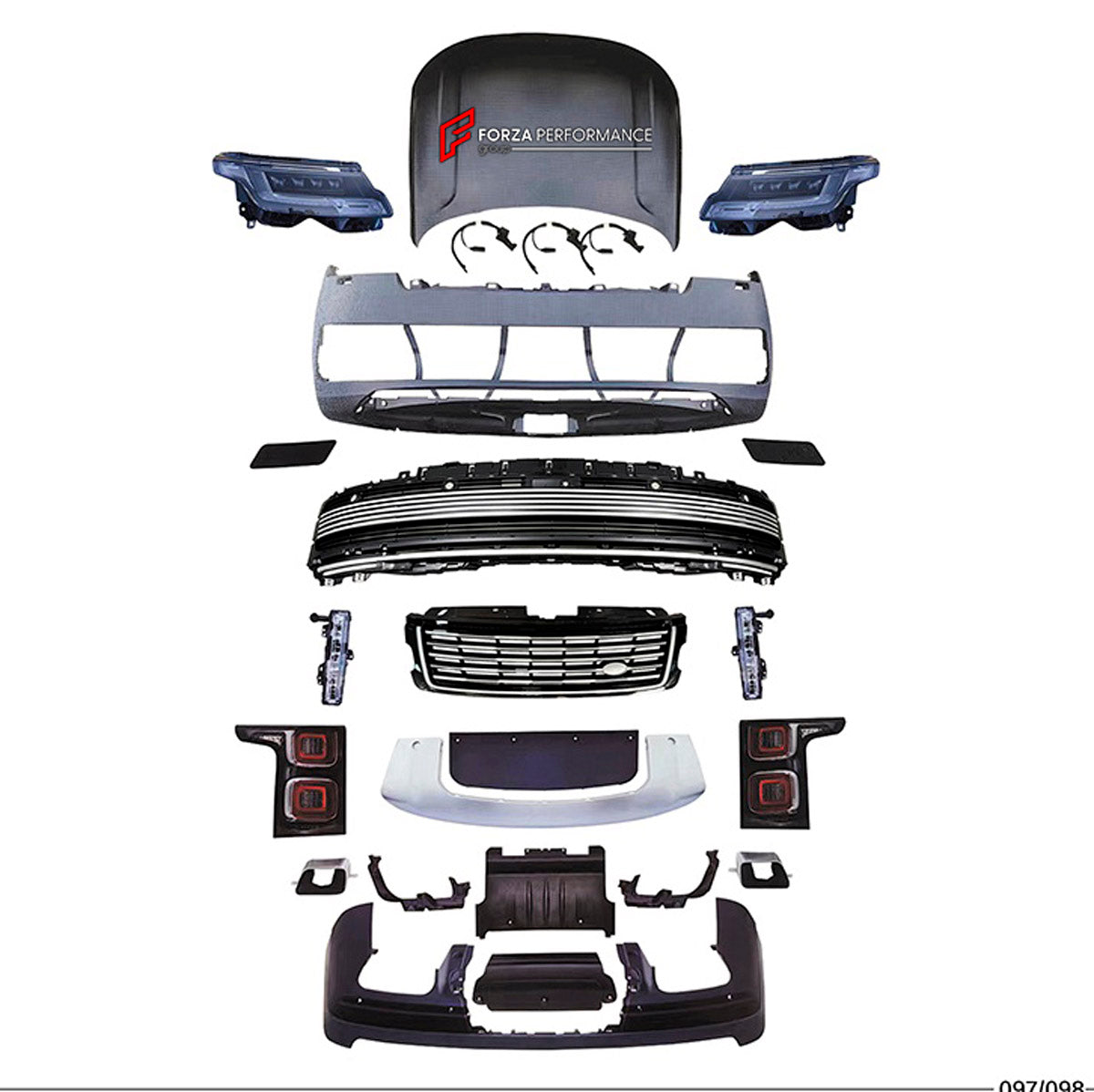 CONVERSION UPGRADE FACELIFT OLD TO NEW BODY KIT for Land Rover Range Rover Vogue 2013 - 2017 to Vogue 2023+
Set includes:

Front Bumper Assembly
Front Grille
Hood Bonnet
Rear Bumper Assembly
Rear Diffuser
Exhaust Tips
Material: Plastic

NOTE: Professional installation is required.