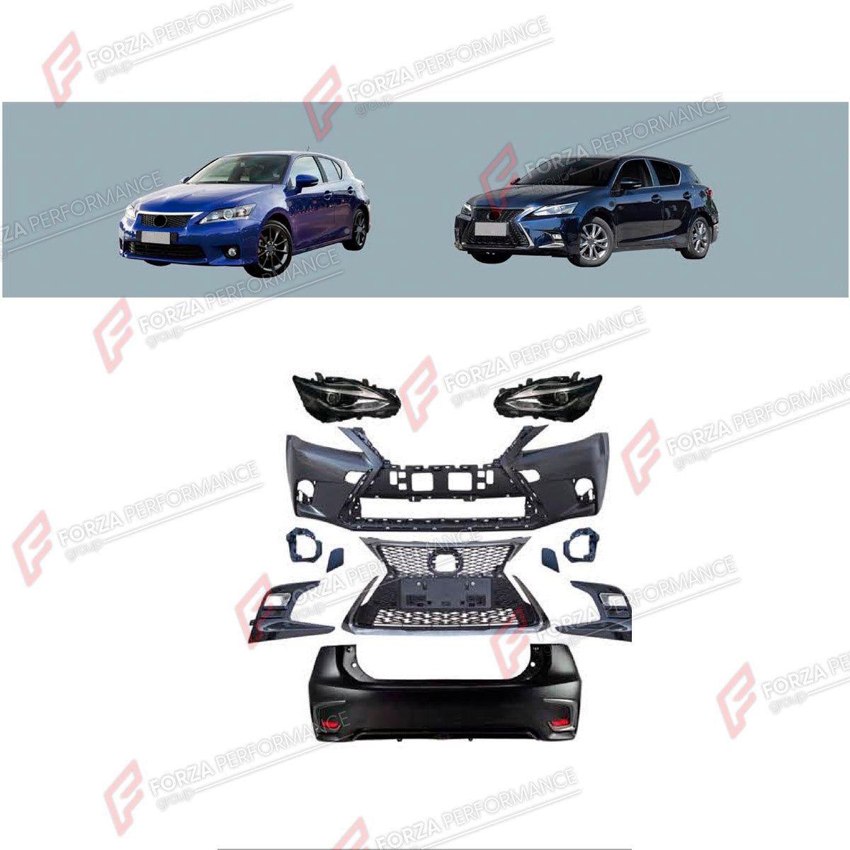 CONVERSION BODY KIT for LEXUS CT200 2011 - 2017 UPGRADE to CT200 FACELIFT 2017 - 2022 FORZA PERFORMANCE custom fit Sport Style

Set includes:
Front Bumper Assembly
Front Grille
Headlights
Tail Lights
Rear Bumper Assembly
Rear Diffuser

Material: Plastic

NOTE: Professional installation is required.