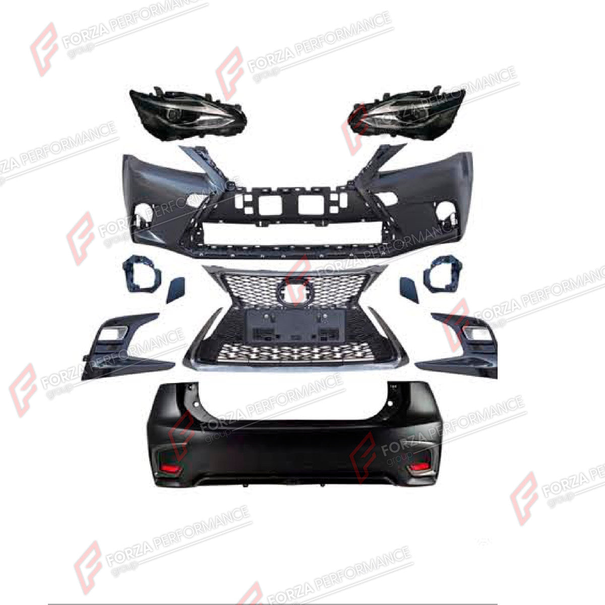 CONVERSION BODY KIT for LEXUS CT200 2011 - 2017 UPGRADE to CT200 FACELIFT 2017 - 2022 FORZA PERFORMANCE custom fit Sport Style

Set includes:
Front Bumper Assembly
Front Grille
Headlights
Tail Lights
Rear Bumper Assembly
Rear Diffuser

Material: Plastic

NOTE: Professional installation is required.