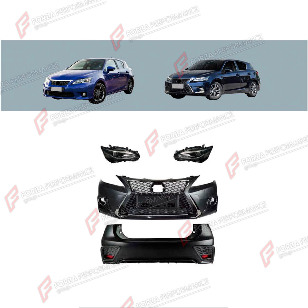 CONVERSION BODY KIT for LEXUS CT200 2011 - 2017 UPGRADE to CT200 FACELIFT 2017 - 2022

Set includes:
Front Bumper Assembly
Front Grille
Headlights
Tail Lights
Rear Bumper Assembly
Rear Diffuser

Material: Plastic

NOTE: Professional installation is required.
