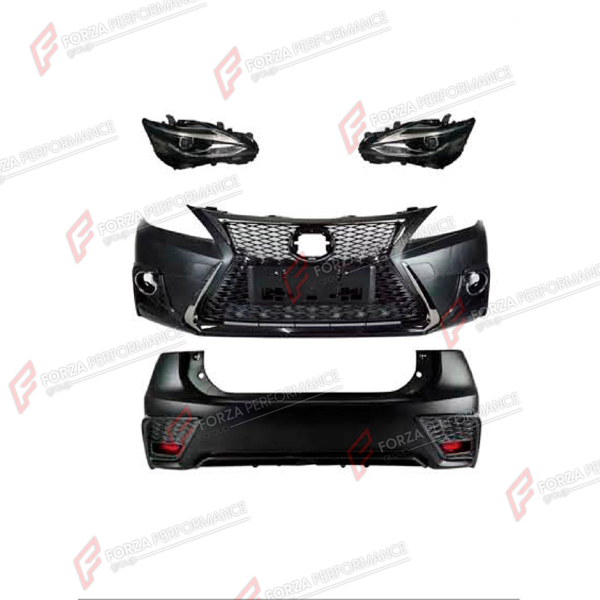 CONVERSION BODY KIT for LEXUS CT200 2011 - 2017 UPGRADE to CT200 FACELIFT 2017 - 2022

Set includes:
Front Bumper Assembly
Front Grille
Headlights
Tail Lights
Rear Bumper Assembly
Rear Diffuser

Material: Plastic

NOTE: Professional installation is required.
