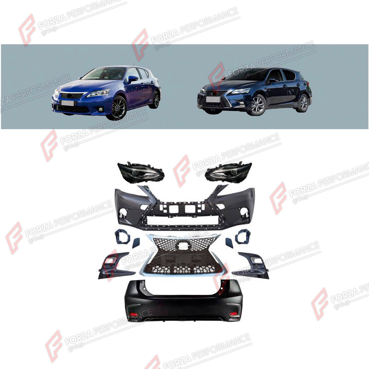 CONVERSION BODY KIT for LEXUS CT200 2011 - 2017 UPGRADE to CT200 FACELIFT 2017 - 2022 FORZA PERFORMANCE custom fit OEM Style

Set includes:
Front Bumper Assembly
Front Grille
Headlights
Tail Lights
Rear Bumper Assembly
Rear Diffuser

Material: Plastic

NOTE: Professional installation is required.