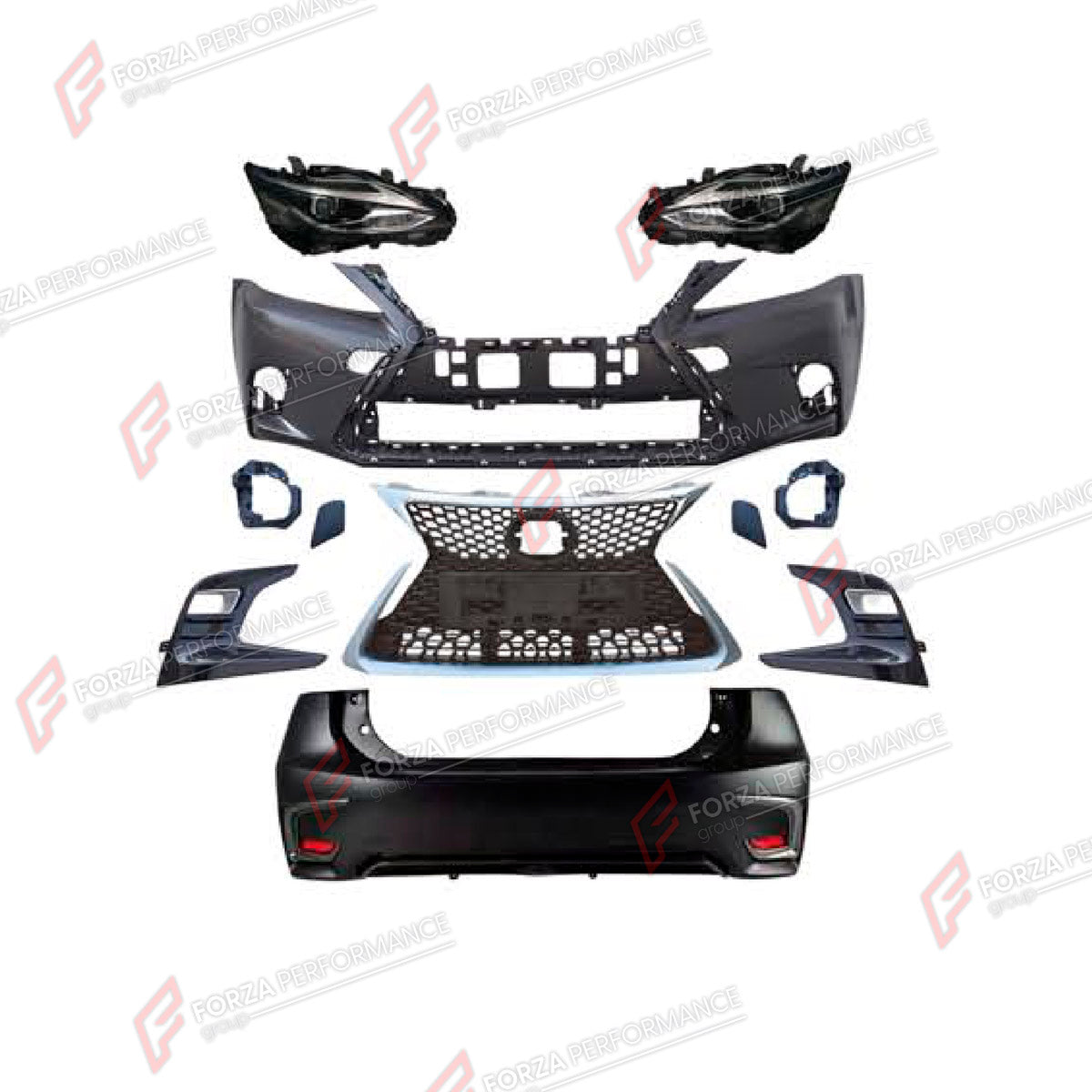 CONVERSION BODY KIT for LEXUS CT200 2011 - 2017 UPGRADE to CT200 FACELIFT 2017 - 2022 FORZA PERFORMANCE custom fit OEM Style

Set includes:
Front Bumper Assembly
Front Grille
Headlights
Tail Lights
Rear Bumper Assembly
Rear Diffuser

Material: Plastic

NOTE: Professional installation is required.