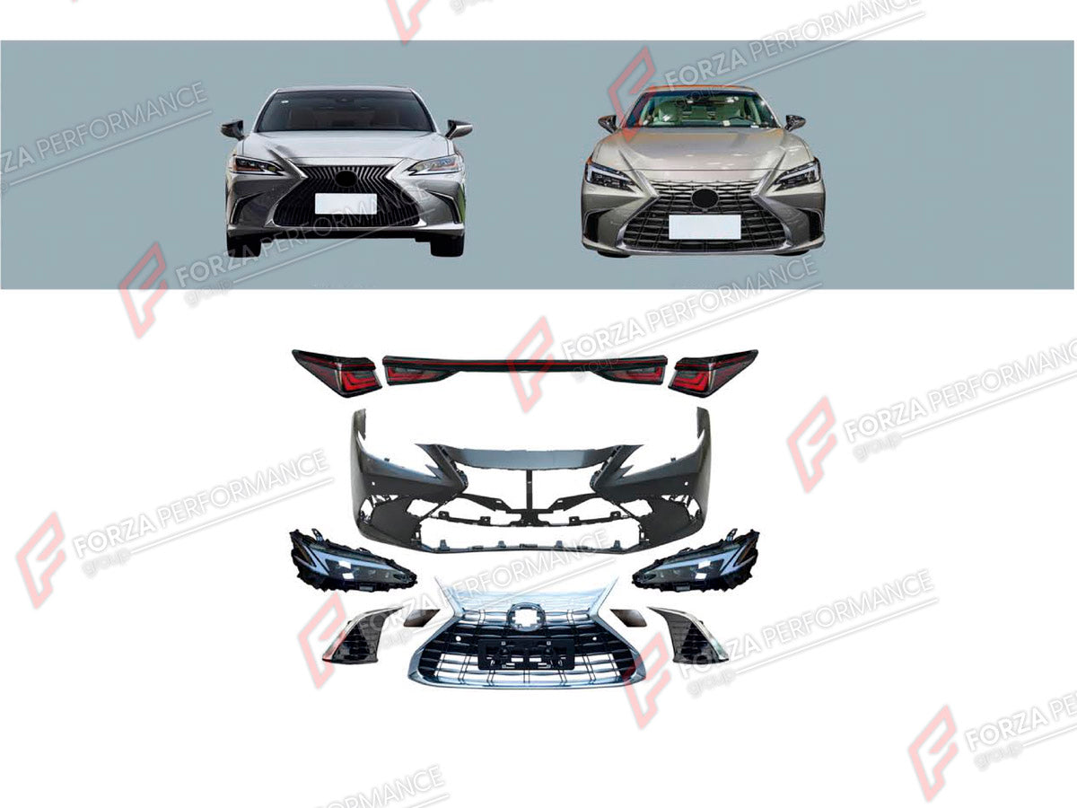 CONVERSION BODY KIT for LEXUS ES200 2018 - 2024 UPGRADE to ES200 FACELIFT 2025+

Set includes:
Front Bumper Assembly
Front Grille
Headlights
Tail Lights

Material: Plastic

NOTE: Professional installation is required.