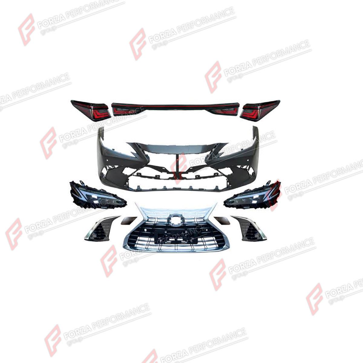 CONVERSION BODY KIT for LEXUS ES200 2018 - 2024 UPGRADE to ES200 FACELIFT 2025+

Set includes:
Front Bumper Assembly
Front Grille
Headlights
Tail Lights

Material: Plastic

NOTE: Professional installation is required.