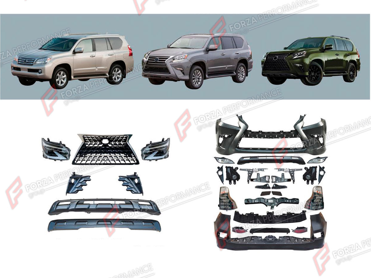 CONVERSION BODY KIT for LEXUS GX460 J150 2009 - 2019 UPGRADE to GX460 J150 FACELIFT 2020 - 2023 FORZA PERFORMANCE custom fit Black Edition Style
Set includes:

Front Lip
Front Bumper Assembly
Front Grille
Headlights
Tail Lights
Rear Bumper Assembly
Rear Diffuser
Material: Plastic

NOTE: Professional installation is required.