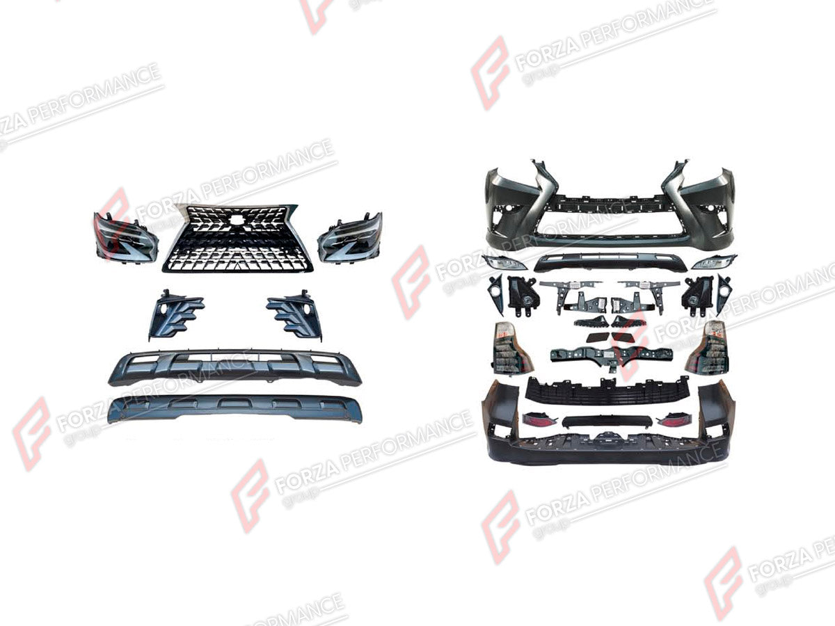 CONVERSION BODY KIT for LEXUS GX460 J150 2009 - 2019 UPGRADE to GX460 J150 FACELIFT 2020 - 2023 FORZA PERFORMANCE custom fit Black Edition Style
Set includes:

Front Lip
Front Bumper Assembly
Front Grille
Headlights
Tail Lights
Rear Bumper Assembly
Rear Diffuser
Material: Plastic

NOTE: Professional installation is required.