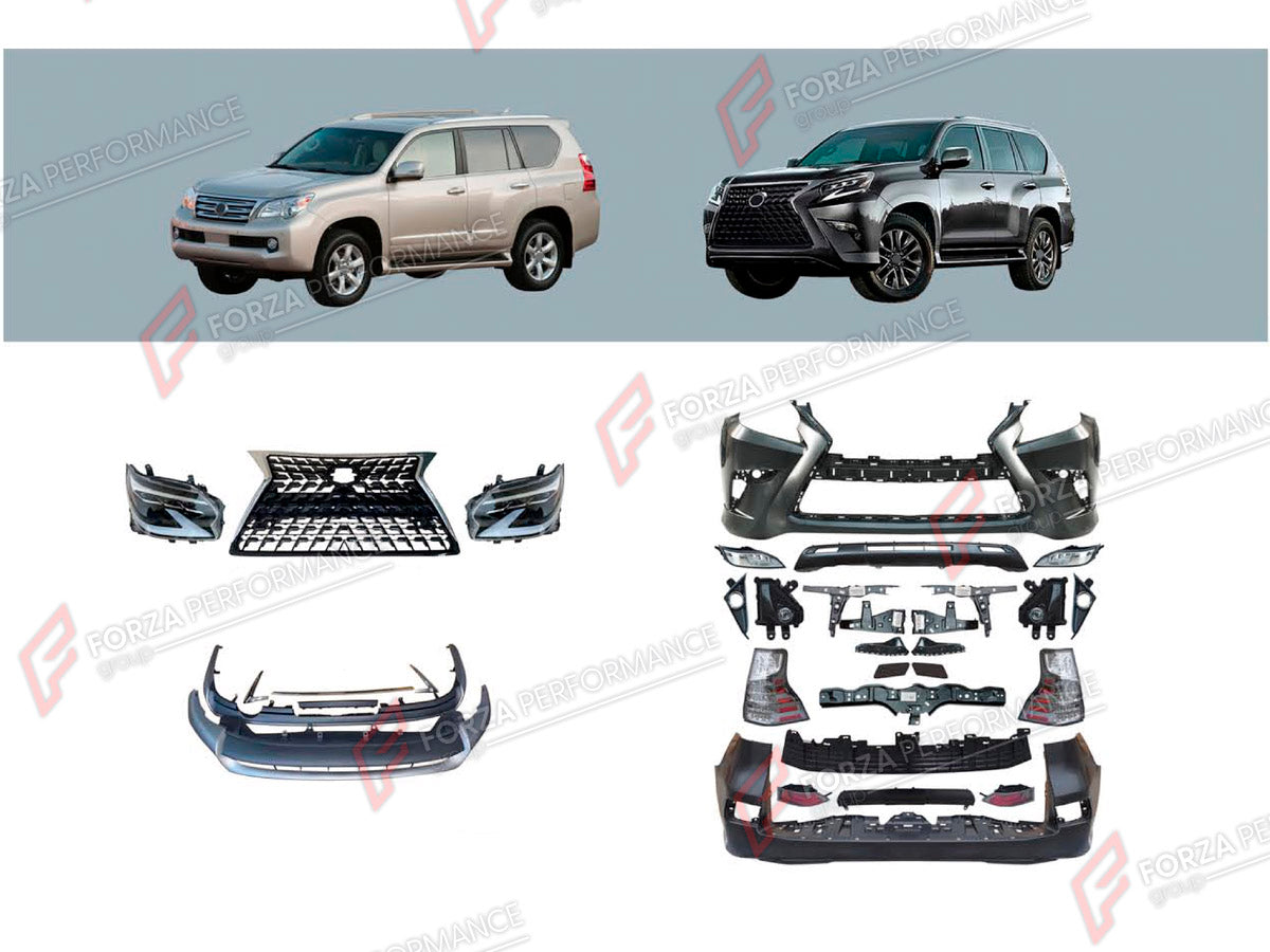CONVERSION BODY KIT for LEXUS GX460 J150 2009 - 2019 UPGRADE to GX460 J150 FACELIFT 2020 - 2023

Set includes:
Front Bumper Assembly
Front Grille
Headlights
Tail Lights
Rear Bumper Assembly

Material: Plastic

NOTE: Professional installation is required.