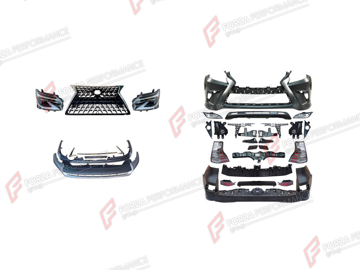 CONVERSION BODY KIT for LEXUS GX460 J150 2009 - 2019 UPGRADE to GX460 J150 FACELIFT 2020 - 2023

Set includes:
Front Bumper Assembly
Front Grille
Headlights
Tail Lights
Rear Bumper Assembly

Material: Plastic

NOTE: Professional installation is required.