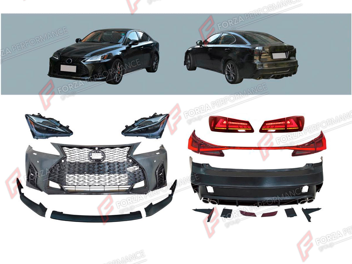 CONVERSION UPGRADE FACELIFT OLD TO NEW BODY KIT for Lexus IS250 2005 - 2013 to IS250 Facelift 2020+
Set includes:

Front Lip
Front Bumper Assembly
Front Grille
Headlights
Tail Lights
Rear Bumper Assembly
Rear Diffuser
Exhaust Tips
Material: Plastic

NOTE: Professional installation is required.