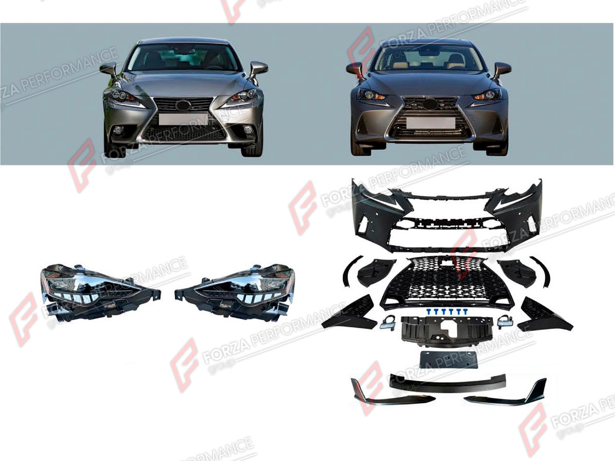 CONVERSION BODY KIT for LEXUS IS250 2013 - 2016 UPGRADE to IS250 FACELIFT 2020+

Set includes:
Front Lip
Front Bumper Assembly
Front Grille
Headlights
License Plate
Front Fenders
Fender Flares
Rear Fenders

Material: Plastic

NOTE: Professional installation is required.