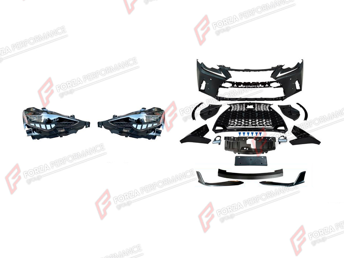 CONVERSION BODY KIT for LEXUS IS250 2013 - 2016 UPGRADE to IS250 FACELIFT 2020+

Set includes:
Front Lip
Front Bumper Assembly
Front Grille
Headlights
License Plate
Front Fenders
Fender Flares
Rear Fenders

Material: Plastic

NOTE: Professional installation is required.