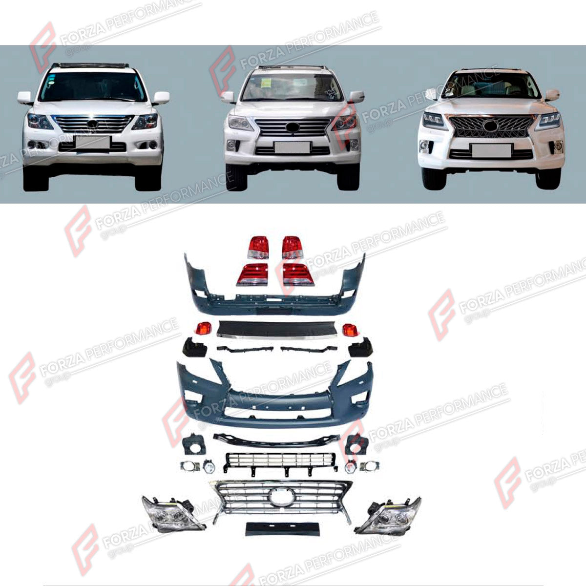 CONVERSION UPGRADE FACELIFT OLD TO NEW BODY KIT for Lexus LX570 J200 2007 - 2012 to LX570 J200 Facelift 2012 - 2015
Set includes:

Front Bumper Assembly
Front Grille
Headlights
Tail Lights
Rear Bumper Assembly
Material: Plastic

NOTE: Professional installation is required.