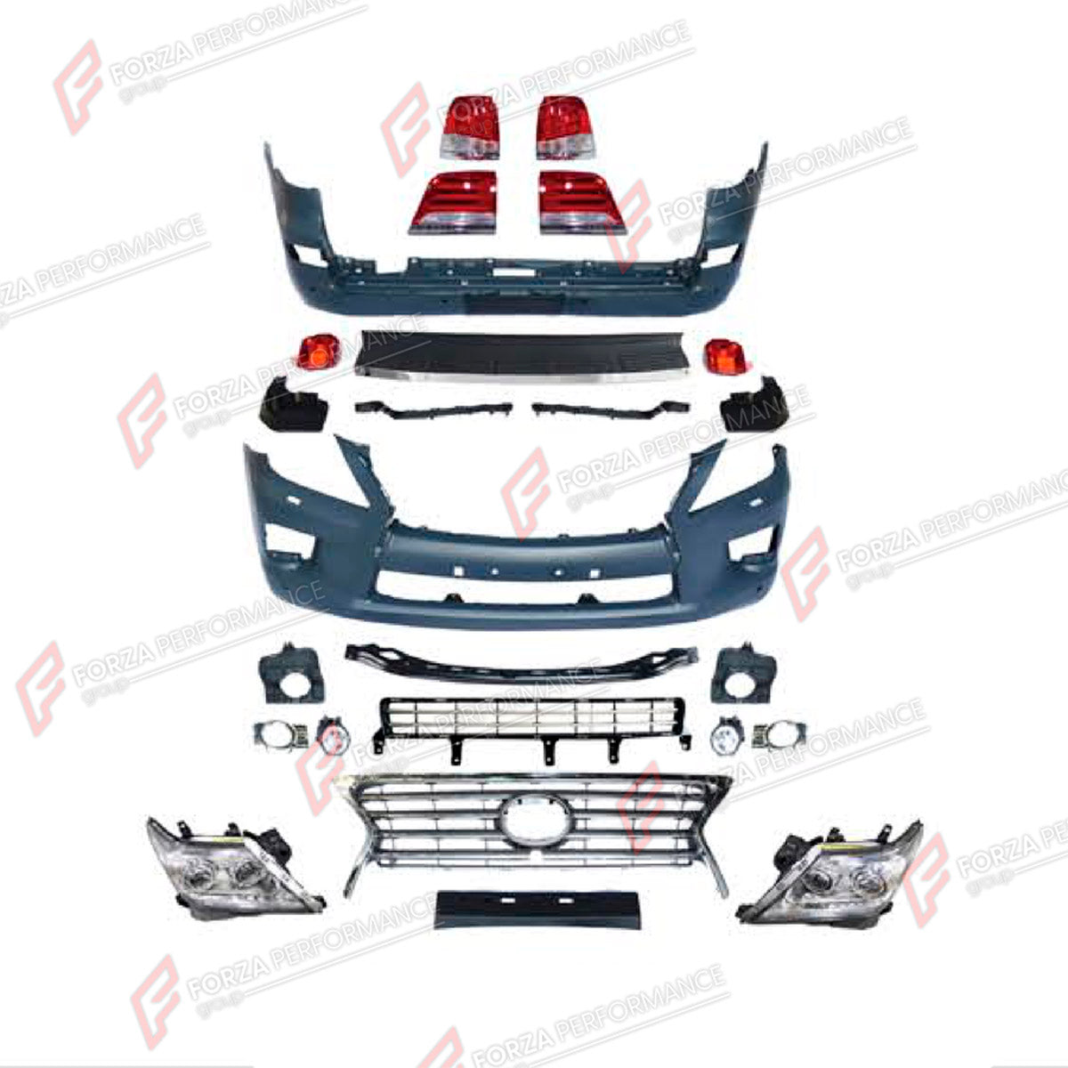 CONVERSION UPGRADE FACELIFT OLD TO NEW BODY KIT for Lexus LX570 J200 2007 - 2012 to LX570 J200 Facelift 2012 - 2015
Set includes:

Front Bumper Assembly
Front Grille
Headlights
Tail Lights
Rear Bumper Assembly
Material: Plastic

NOTE: Professional installation is required.