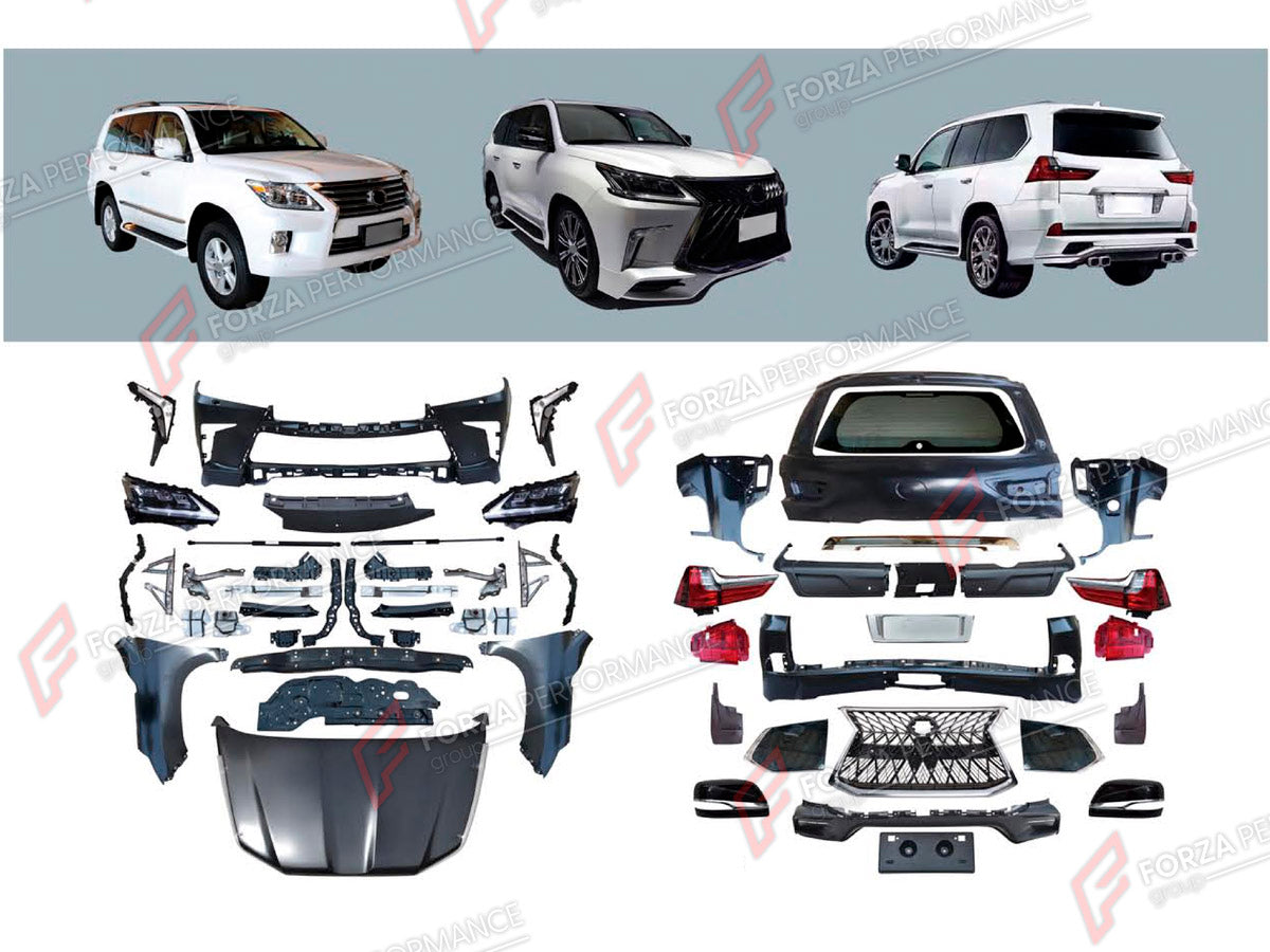 CONVERSION BODY KIT for LEXUS LX570 J200 2007 - 2015 UPGRADE to LX570 J200 FACELIFT 2015 - 2023 FORZA PERFORMANCE custom fit TRD Style
Set includes:

Front Bumper Assembly
Front Grille
Front Fenders
License Plate
Side Mirror Covers
Side Skirts
Rear Fenders
Tail Lights
Rear Bumper Assembly
Rear Diffuser
Material: Plastic

NOTE: Professional installation is required.