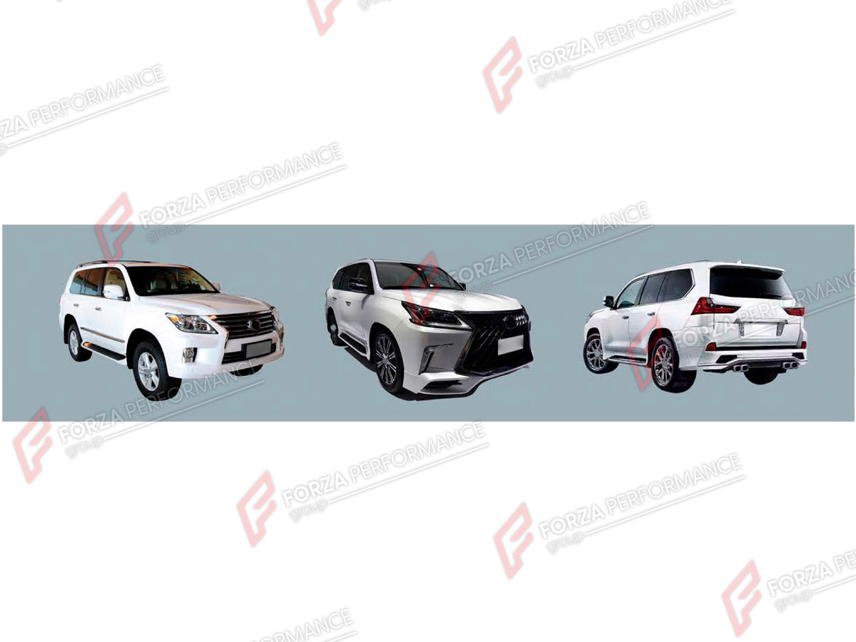 CONVERSION BODY KIT for LEXUS LX570 J200 2007 - 2015 UPGRADE to LX570 J200 FACELIFT 2015 - 2023 FORZA PERFORMANCE custom fit TRD Style
Set includes:

Front Bumper Assembly
Front Grille
Front Fenders
License Plate
Side Mirror Covers
Side Skirts
Rear Fenders
Tail Lights
Rear Bumper Assembly
Rear Diffuser
Material: Plastic

NOTE: Professional installation is required.