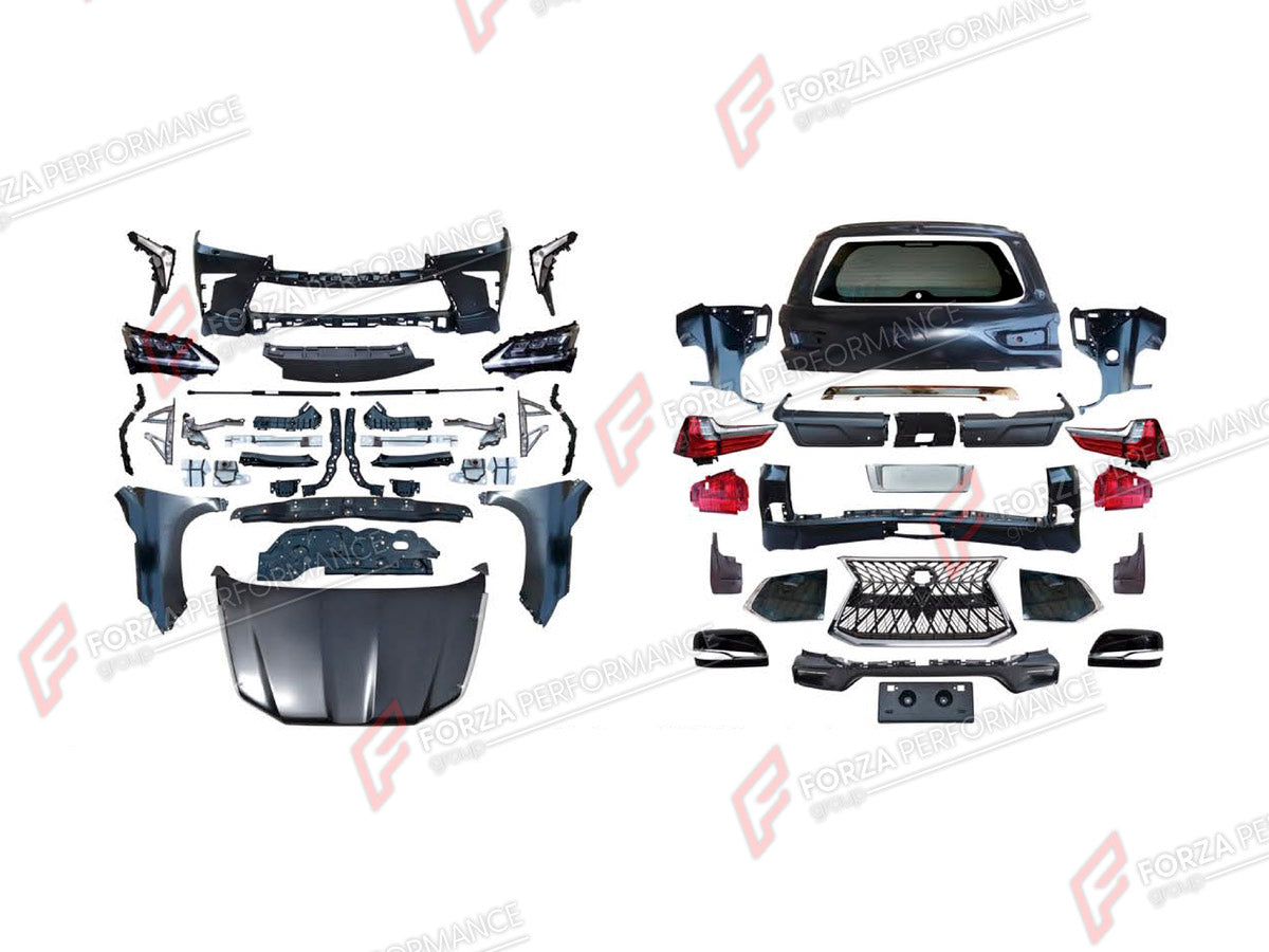 CONVERSION BODY KIT for LEXUS LX570 J200 2007 - 2015 UPGRADE to LX570 J200 FACELIFT 2015 - 2023 FORZA PERFORMANCE custom fit TRD Style
Set includes:

Front Bumper Assembly
Front Grille
Front Fenders
License Plate
Side Mirror Covers
Side Skirts
Rear Fenders
Tail Lights
Rear Bumper Assembly
Rear Diffuser
Material: Plastic

NOTE: Professional installation is required.